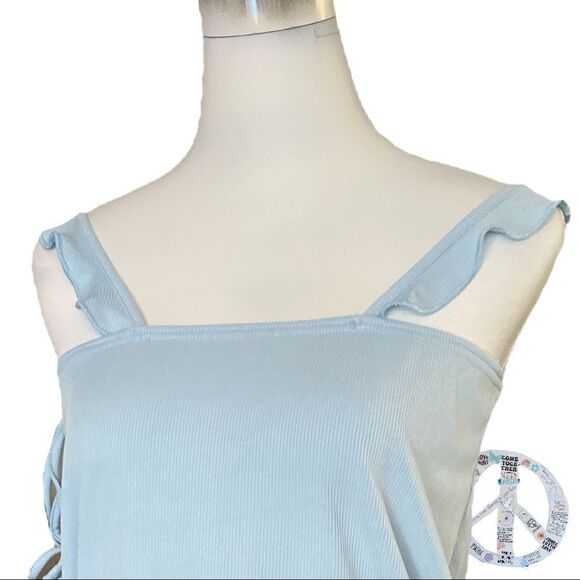 $ 5 add on item $ sky blue faux 3 tie wrap top with ruffled straps. - Picture 2 of 11
